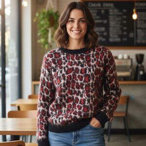 Sandro Mohair Blend Knit Leopard Print Sweater In Red / Black / White Size Large